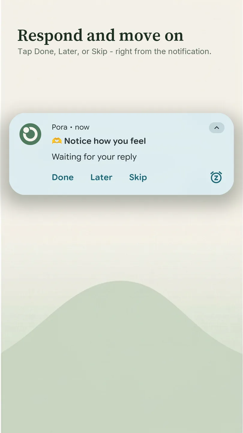 &laquo;Respond and move on&raquo;: the notification &laquo;Notice how you feel&raquo; in the shade, marked &laquo;Waiting for your reply&raquo;, with the buttons Done, Later and Skip