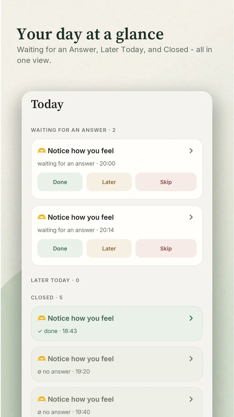&laquo;Your day at a glance&raquo;: the Today screen with the sections Waiting for an Answer, Later Today and Closed - each reminder with its time and outcome