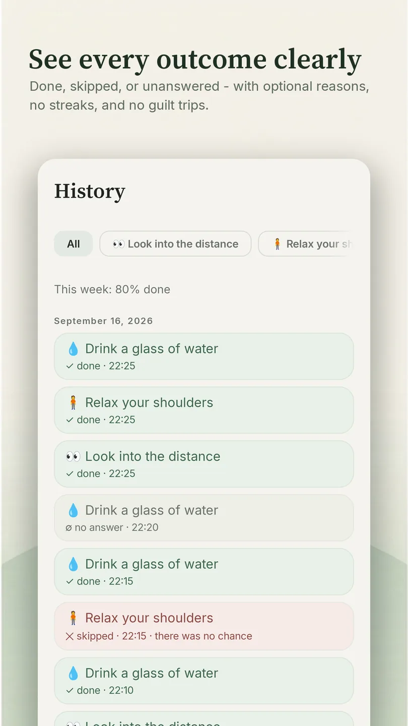 &laquo;See every outcome clearly&raquo;: the history of the day, where done and skipped entries stand side by side