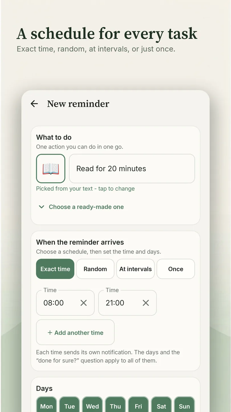 &laquo;A schedule for every task&raquo;: a new reminder &laquo;Read for 20 minutes&raquo; - four schedule modes, Exact time selected with two times, 08:00 and 21:00, and the days of the week below