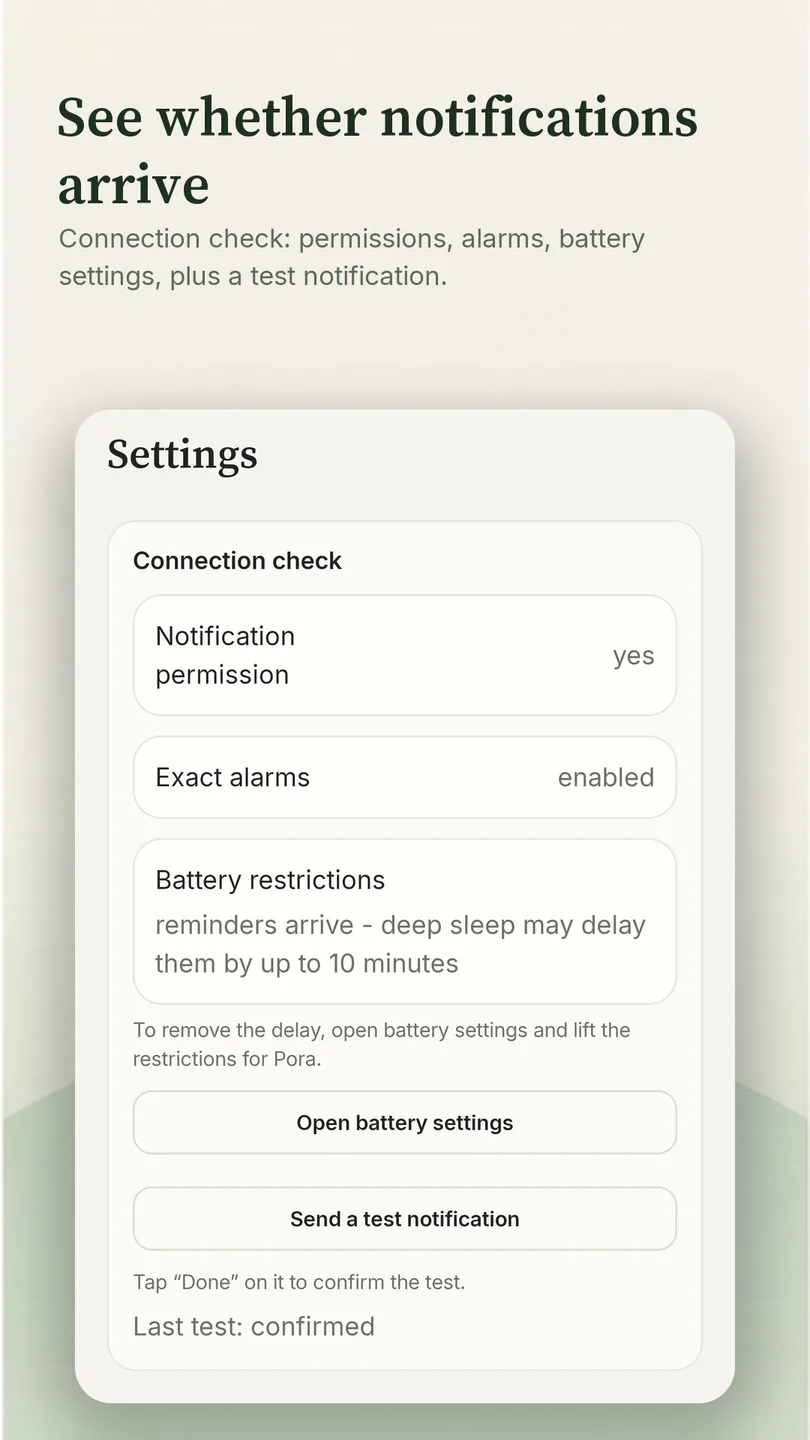 &laquo;See whether notifications arrive&raquo;: the connection check screen - permissions, exact alarms, battery and a test notification