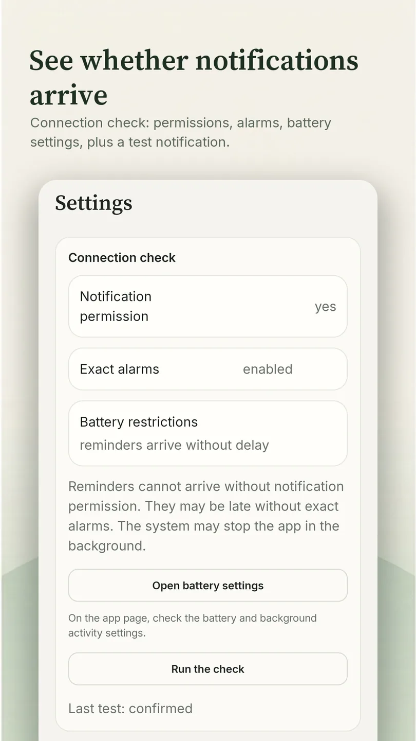 &laquo;See whether notifications arrive&raquo;: the connection check screen - permissions, exact alarms, battery and a test notification